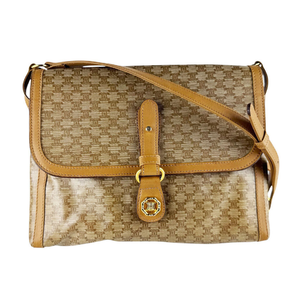 Celine Shoulder Bag Macadam Canvas Leather Brown